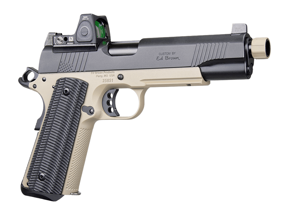 Ed Brown SFSOCM SOCOM Gen4 45 ACP 8+1 5" Black Nitride Threaded Barrel, Black Gen4 Serrated w/Optic Slide, Flat Dark Earth Steel Frame w/Accessory Rail, VZ Alien Grip, Trijicon RMR 3.25 MOA Red Dot Si
