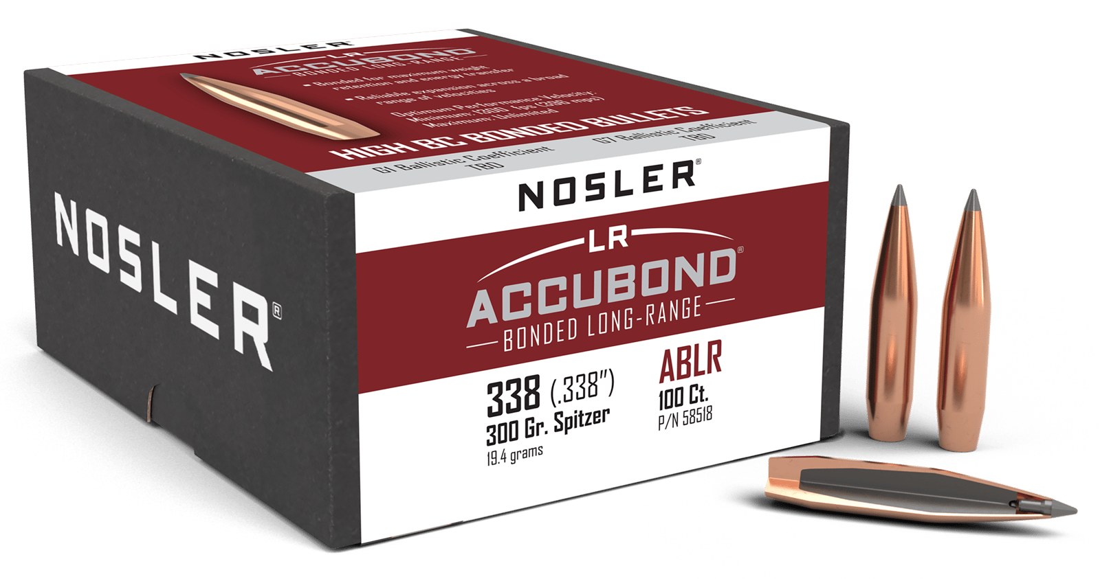 Nosler 58518 AccuBond Long Range 338Cal 300gr Spitzer Point 100/Box