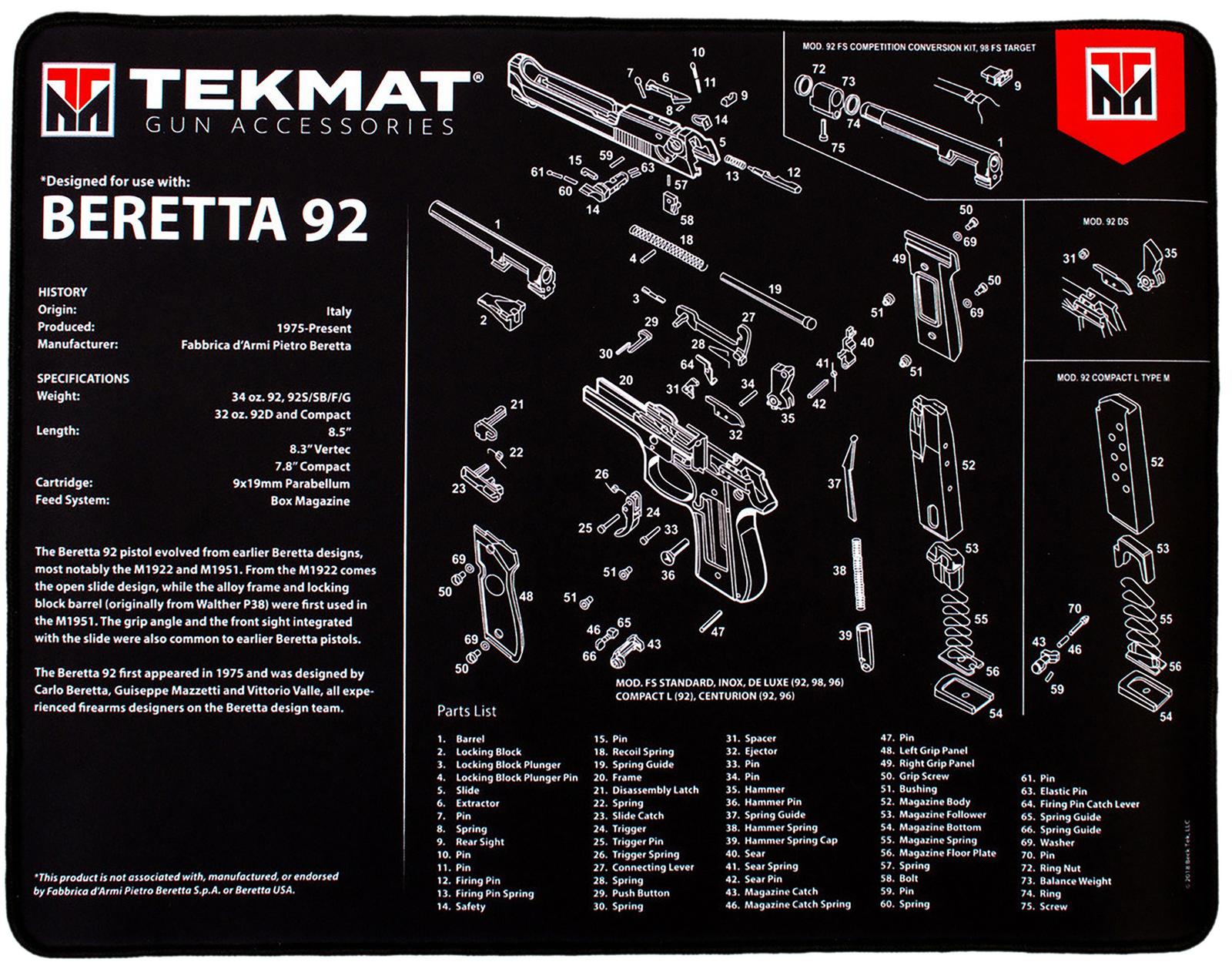 TekMat TEKR20BER92 Beretta 92 Ultra 20 Cleaning Mat Black/White Rubber 15"x20" Beretta 92 Parts Diagram