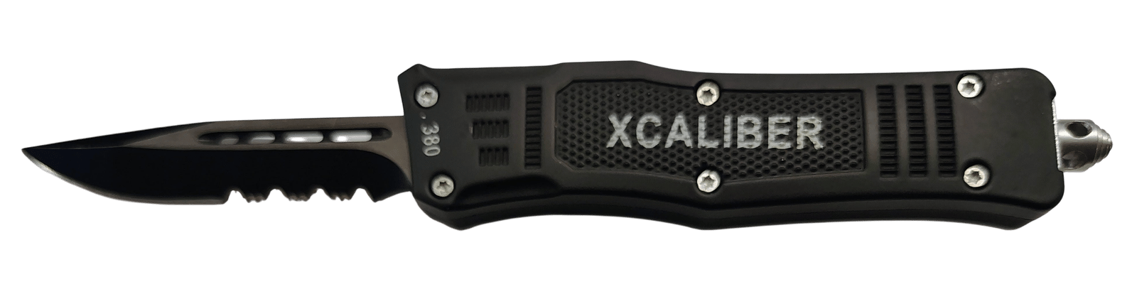 Xcaliber Knife Company 380 ACP Small 2.75" OTF Part Serrated Black 440C SS Blade, 3.91" Steel Handle