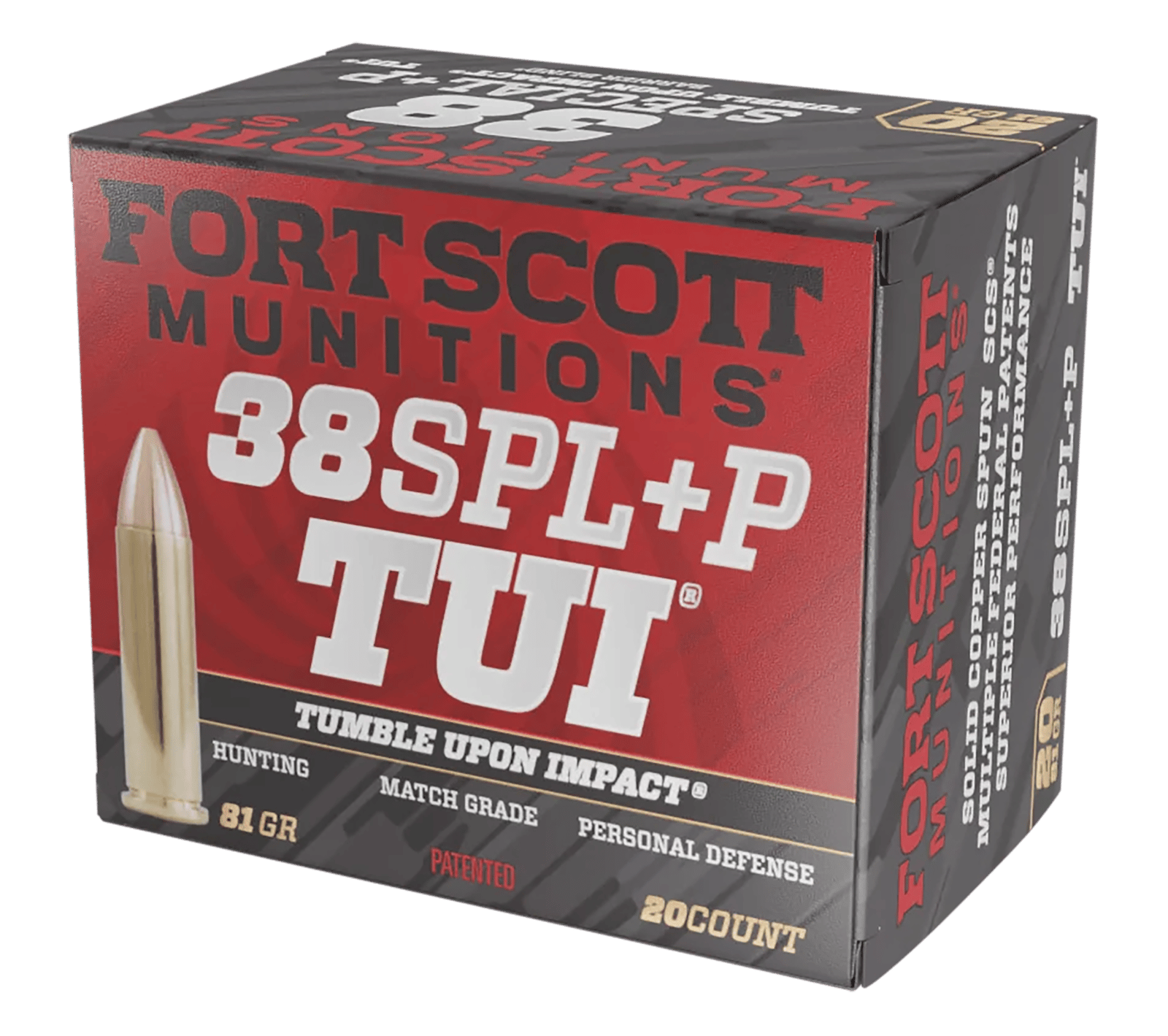 Fort Scott Munitions 38+P081SCV Tumble Upon Impact (TUI) 38Special+P 81gr Solid Copper Spun 20 Per Box/25 Case
