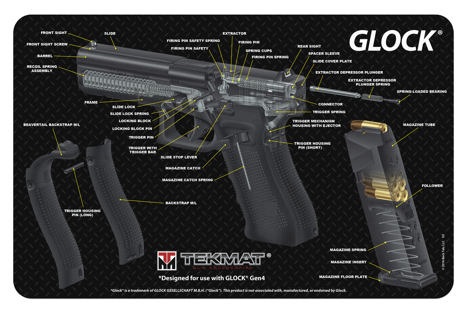 TekMat TEKR17GLOCKCA Cleaning Mat Multi-Color Rubber 11"x17" Glock 3D Cutaway