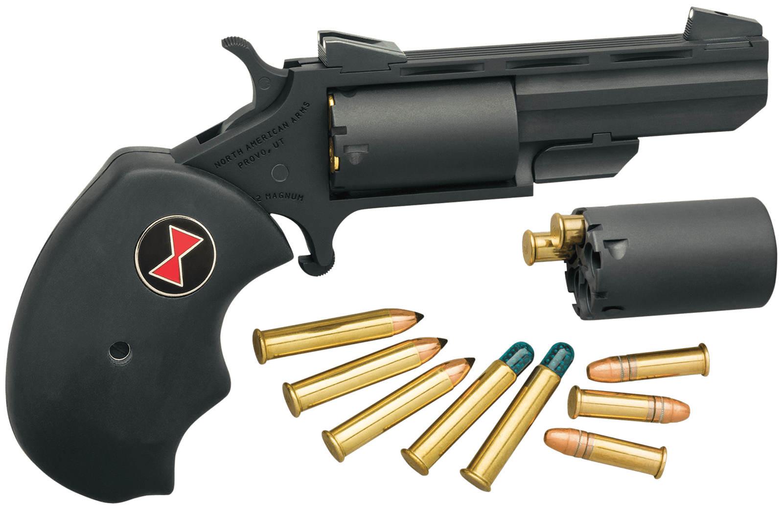 North American Arms BWCCRK Black Widow 22 LR or 22 WMR 5 Shot 2" Vent Rib Barrel, Overall Stainless Finish, Finger Grooved Black Rubber Grip & Fixed Sights Includes Cylinder