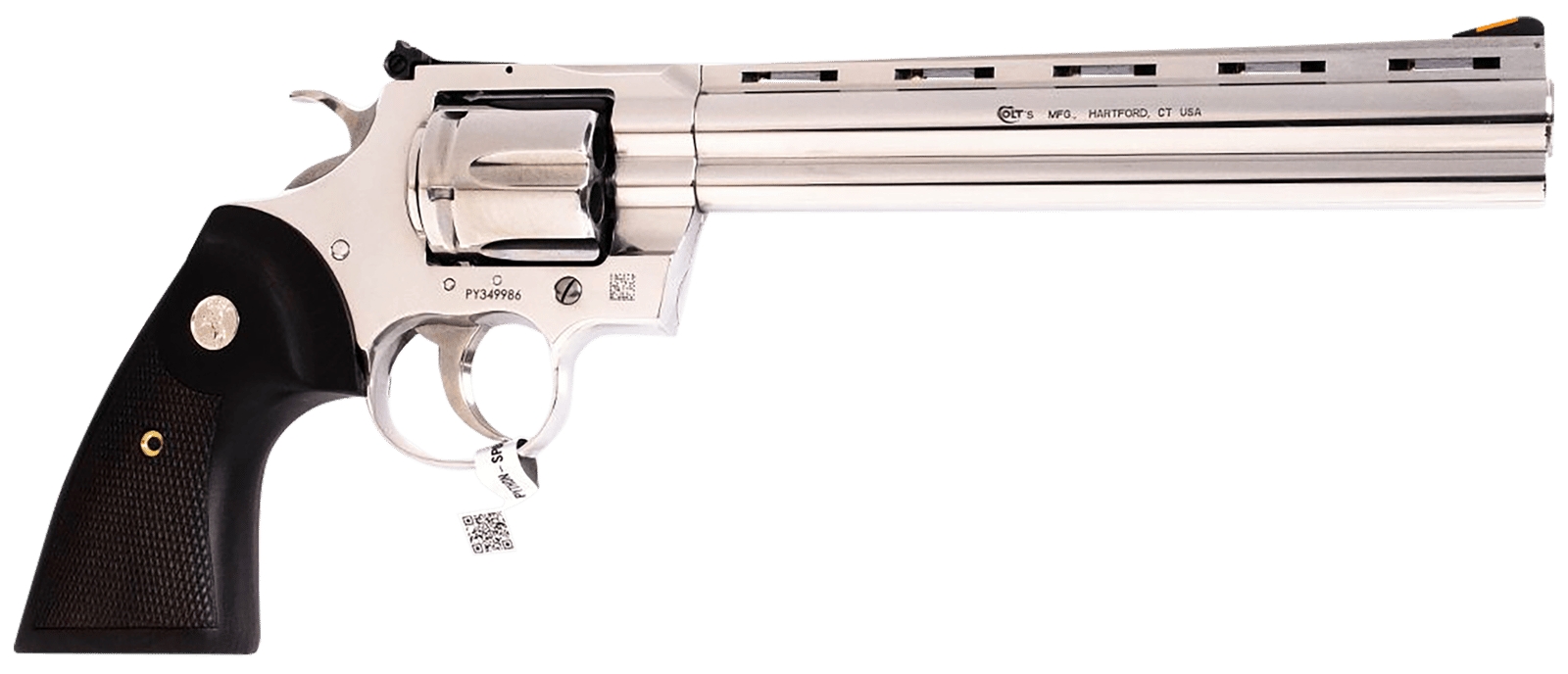 Colt Mfg PYTHONSP8WTS Python 357 Mag/38 Special 6 Shot 8" Polished Stainless Steel Vent Rib Barrel, Cylinder & Frame, Walnut w/Medallion Grip, Exposed Hammer
