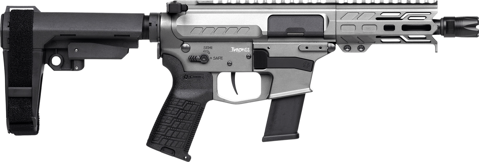 CMMG 45A150FTNG Banshee FE MkG 45 ACP 13+1 5" Black Nitride Threaded Barrel, M-LOK Handguard, Titanium Cerakote Aluminum Receiver w/Picatinny Rail, Black Polymer CMMG RipBrace, CMMG Zeroed Grip