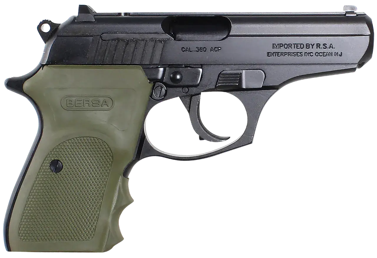 Bersa T380MC Thunder Combat Micro-Compact Frame 380 ACP 8+1, 3.50" Black Steel Barrel, Matte Black Serrated Steel Slide & Aluminum Frame w/Beavertail, Olive Wrap-Around Grip