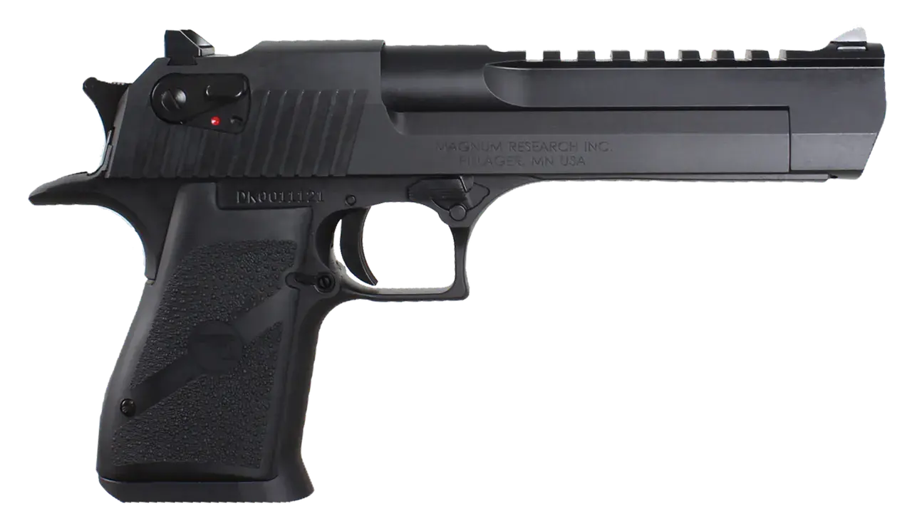 Magnum Research DE50 Desert Eagle Mark XIX 50 AE Caliber with 6" Picatinny Rail Barrel, 7+1 Capacity, Overall Black Finish Carbon Steel, Beavertail Frame, Serrated Slide & Rubber Grip