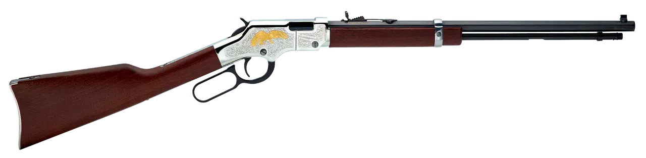 Henry H004GE Golden Eagle Full Size 22 Short, 22 Long, 22 LR, 16 LR/21 Short 20" Blued Octagon Barrel, Nickel-Plated Metal Finish, American Walnut Stock Right Hand