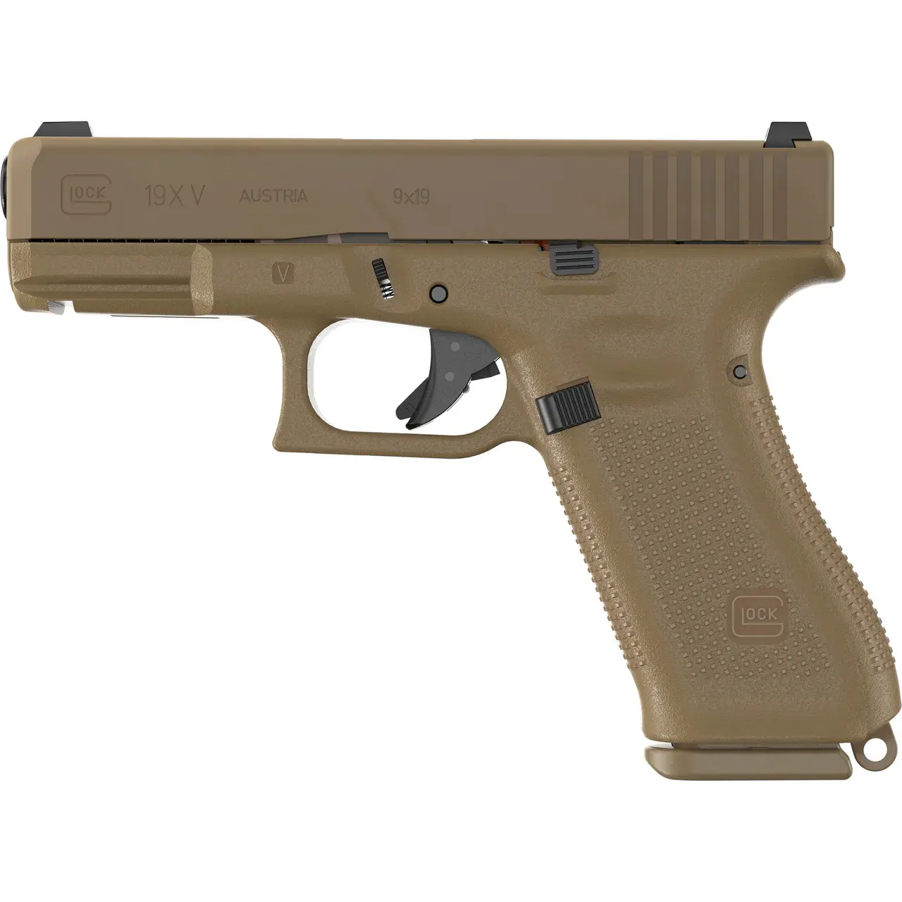 Glock UV1950703X G19X V 9mm Luger 17+1 4.02" Black GMB Barrel, Coyote nPVD Steel Serrated Slide, Coyote Brown Polymer Frame, Textured Polymer Grip, Ambidextrous