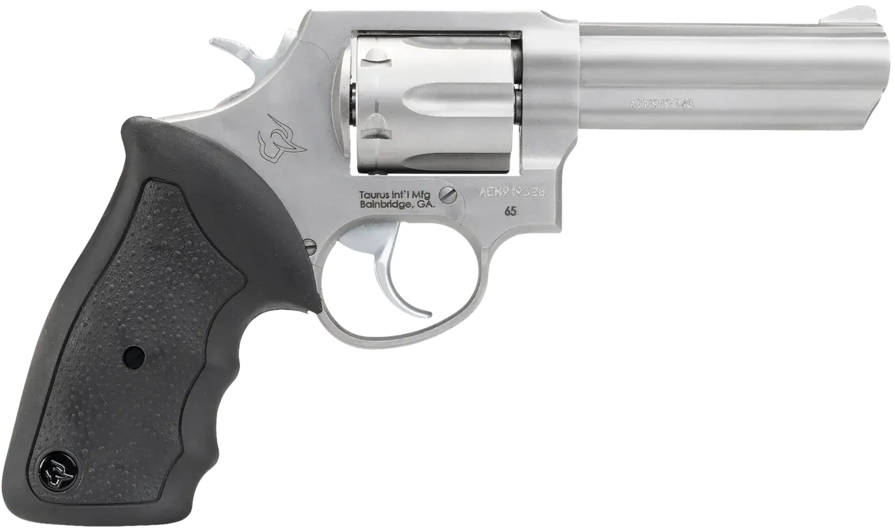 Taurus 2-650049 65 Medium 357 Mag/38 Special +P 6 Shot 4" Matte Stainless Steel Barrel, Cylinder Matte & Frame, Black Finger Grooved Rubber Grip, Transfer Bar Safety, Exposed Hammer