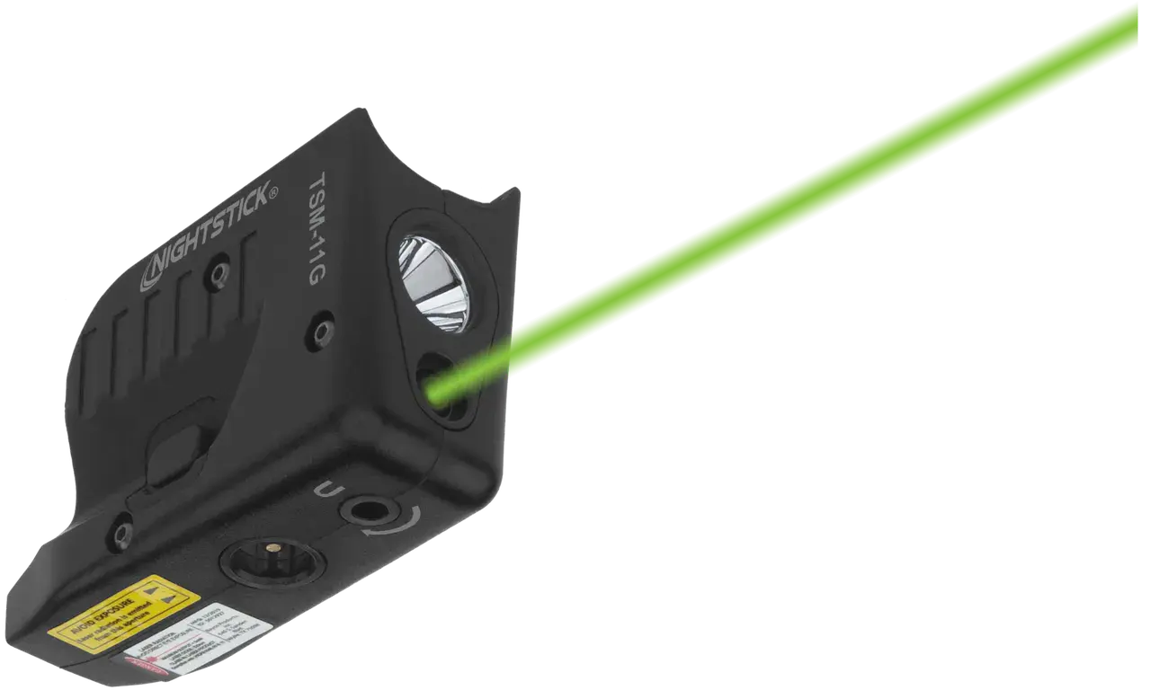 Nightstick TSM11G Tactical Weapon-Mounted Light w/Green Laser Black Polymer Compatible w/ Glock 42/43/43X/48, 150 Lumens White LED Bulb/Green Laser, 104 Meters Beam, Trigger Guard Mount