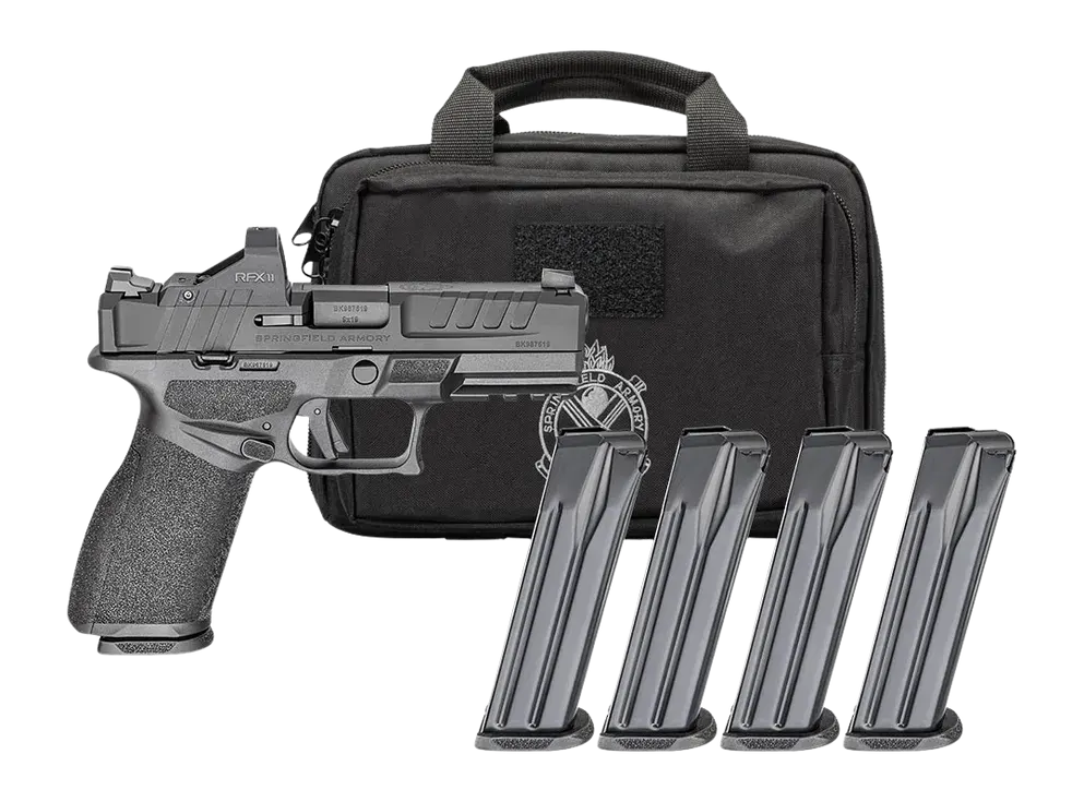 Springfield Armory EC9409BFCLCPAC Echelon 40F.C Gear Pac 9mm Luger 10+1 4" Black Melonite Barrel, Steel Optic Ready/Serrated Slide, Black Polymer Frame w/Picatinny Rail, Ambidextrous
