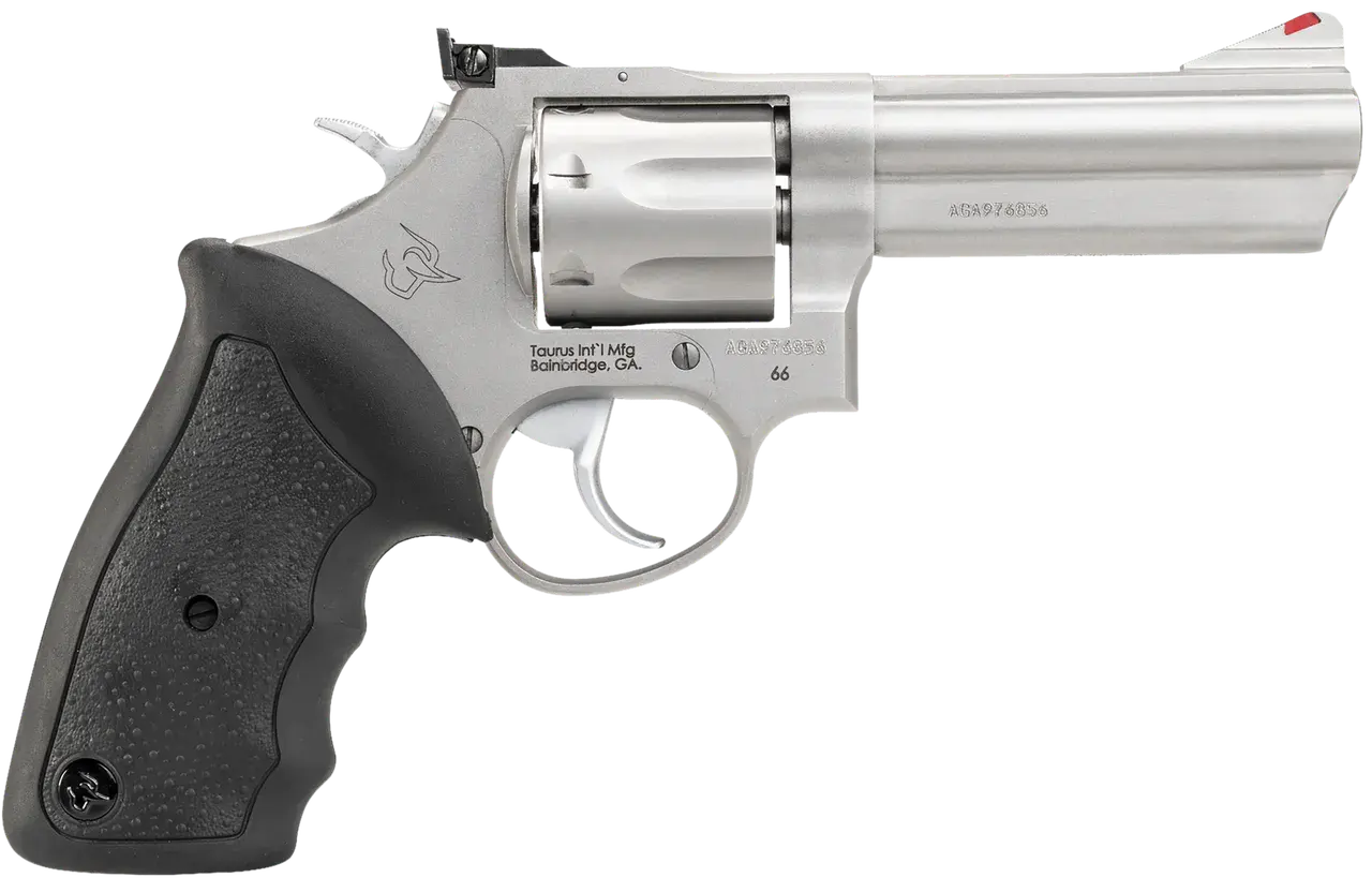 Taurus 2-660049 66 Medium 357 Mag/38 Special +P 7 Shot 4" Matte Stainless Steel Barrel, Cylinder & Frame, Black Finger Grooved Rubber Grip, Transfer Bar Safety, Exposed Hammer