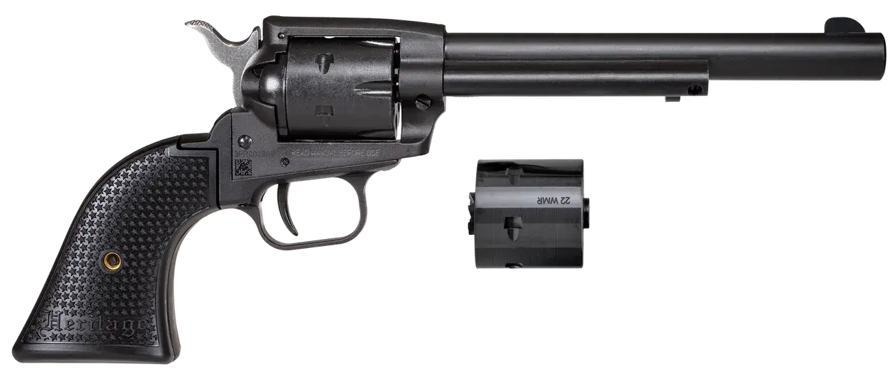 Heritage Mfg SRR22MBS6PG Rough Rider 22 LR/22 WMR 6 Shot/ 6.50" Black Satin Steel Barrel, Frame & Cylinder, Black Polymer Grip, Hammer/Thumb Safety, Exposed Hammer