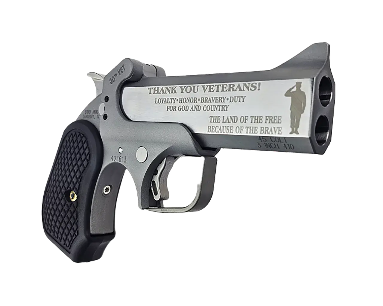 Bond Arms BA30THVET-45LC/410 30th Vet Rough Series 45 Colt/410 Gauge 2 Shot 4.25" Engraved Matte Double Barrel Rough Matte Stainless Steel Frame Black Extended B6 Resin Grips Right Hand