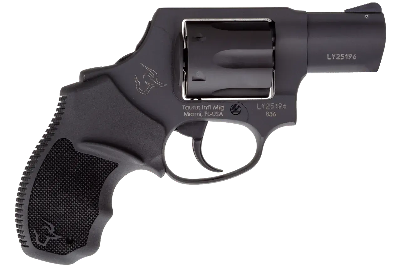 Taurus 2-856021CH 856 Small 38 Special +P 6 Shot 2" Matte Black Carbon Steel Barrel, Cylinder & Frame, Black Finger Grooved Rubber Grip, Transfer Bar Safety, Concealed Hammer