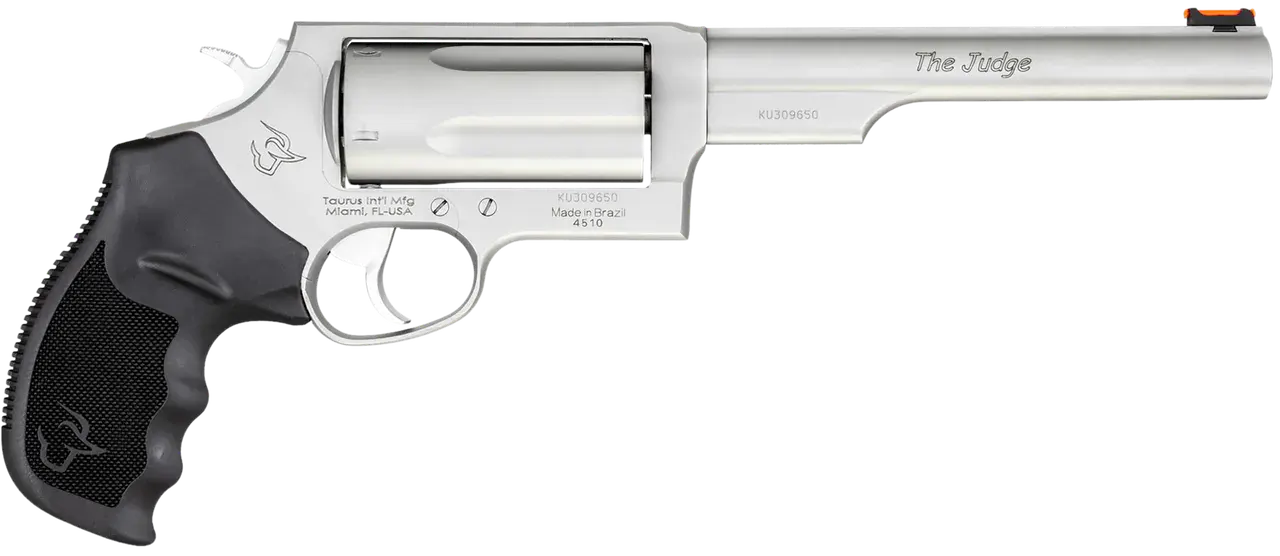 Taurus 2441069MAG Judge Magnum Compact Frame 45 Colt (Long Colt)/410 Gauge 5rd 6.50" Matte Stainless Steel Barrel, Cylinder & Frame, Black Ribber Grip, Transfer Bar Safety, Exposed Hammer