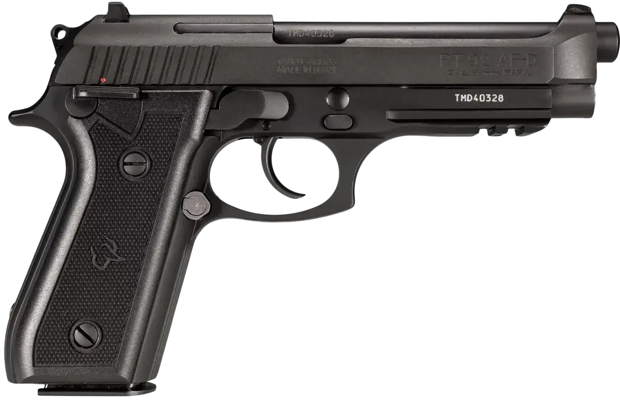 Taurus 1-920151-17 92 Full Size Frame 9mm Luger 17+1 5" Matte Black Stainless Steel Barrel, Serrated Steel Slide, Black Anodized Aluminum Frame w/Picatinny Rail, Black Rubber Grip, Right Hand
