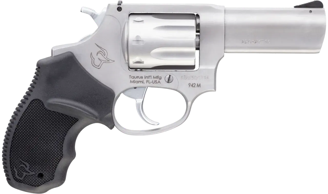 Taurus 2942M039 942 22 WMR 8rd 3" Barrel, Overall Matte Finish Stainless Steel & Finger Grooved Black Polymer Grip