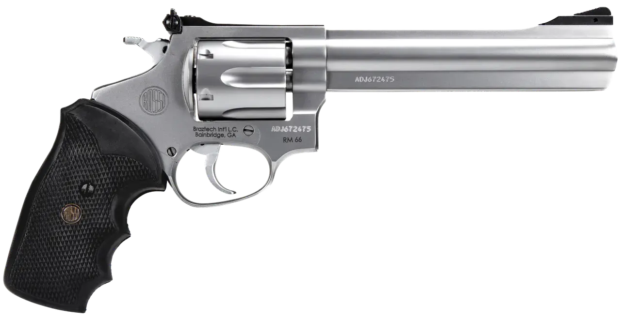 Rossi 2RM669 RM66 357 Mag 6 Shot 6" Satin Stainless Steel Barrel, Cylinder & Frame Black Checkered Rubber Grip