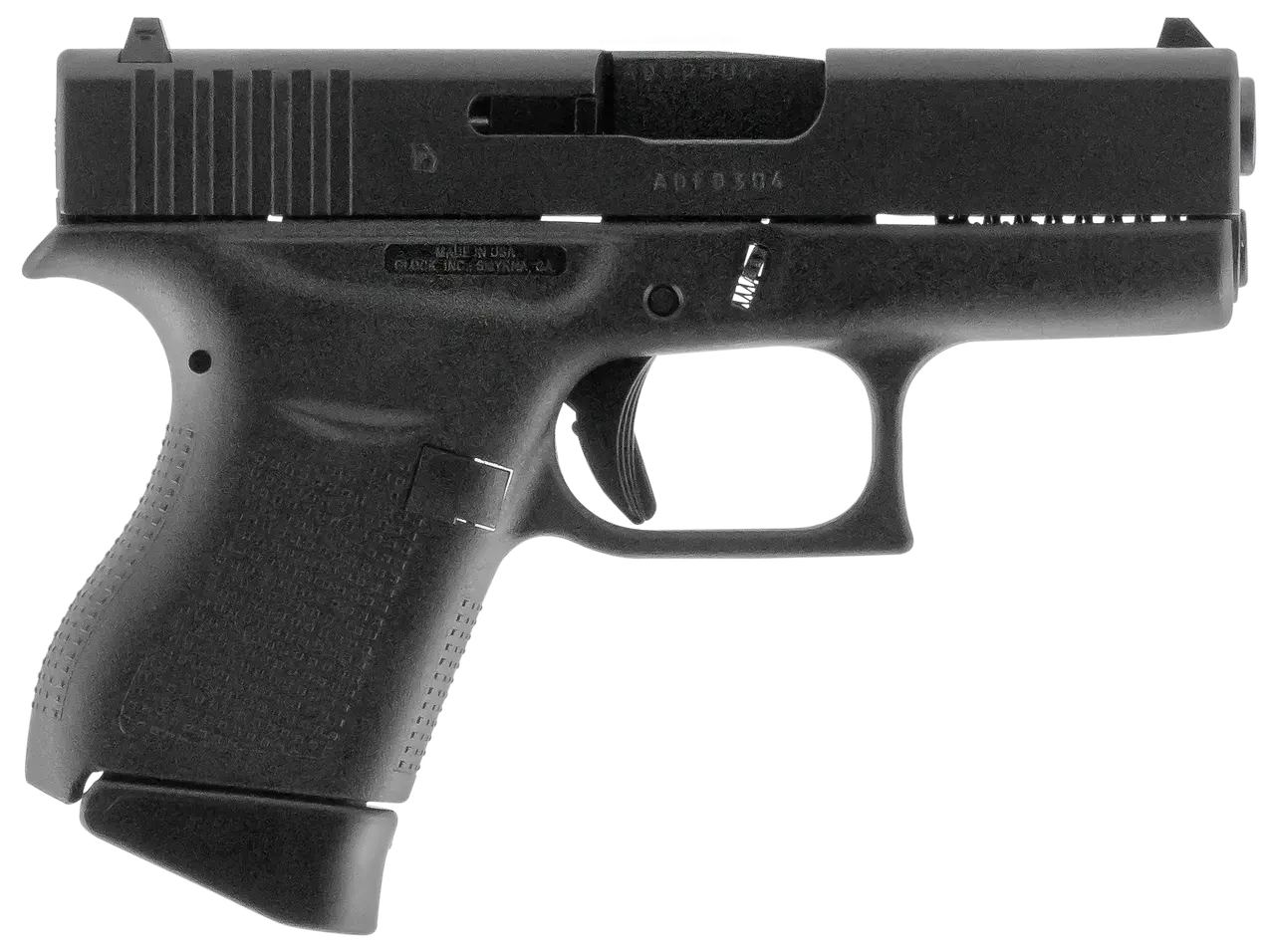 Glock UI4350201 G43 Slim Sub-Compact Frame 9mm Luger 6+1 3.41" Black Steel Barrel, Matte Black Serrated Steel Slide, Black Polymer Frame, Textured Polymer Grip, Right Hand