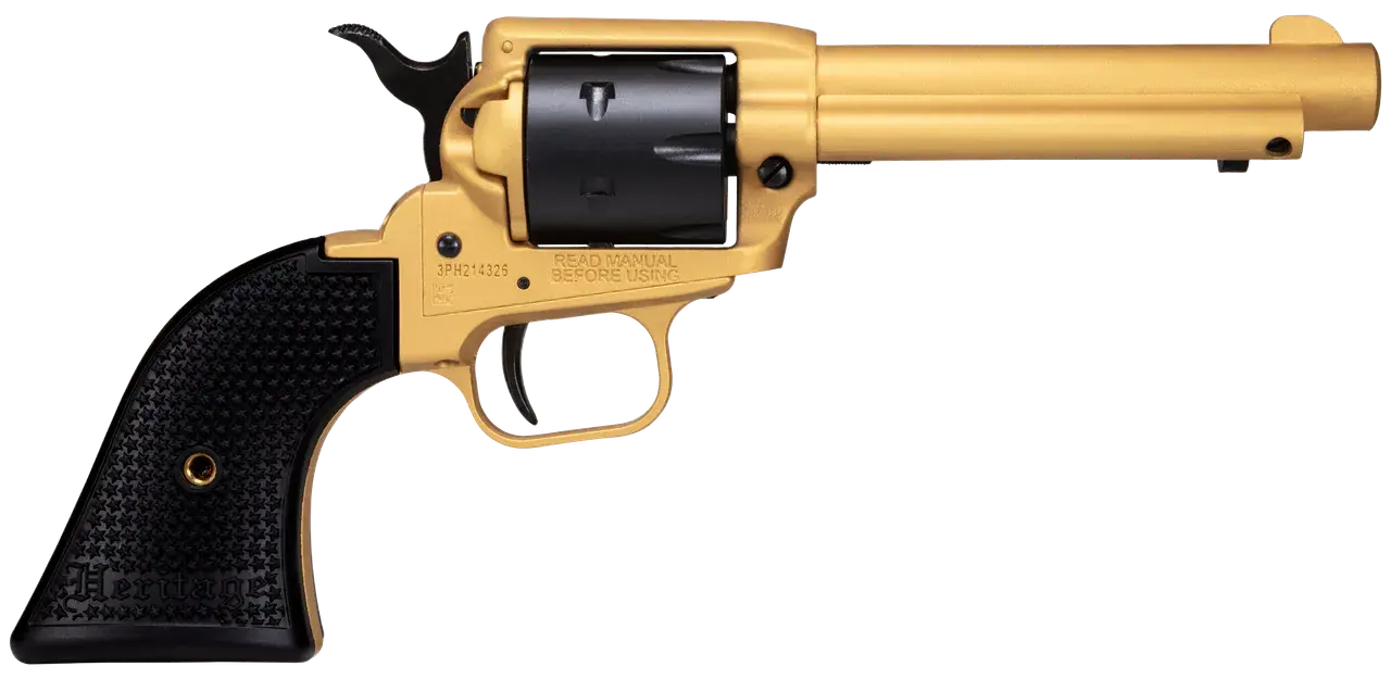 Heritage Mfg RR22S4 Rough Rider 22 LR 6 Shot 4.75" Gold Cerakote Steel Barrel & Frame, Black Satin Cylinder, Black Polymer Grips Features Black Accents