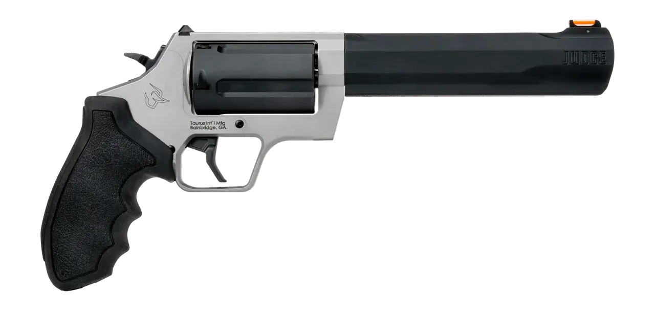 Taurus 2-JUDGE65 Judge 45 Long Colt/410 Gauge 5 Shot 6.50" Stainless Steel Barrel & Frame, Black Stainless Steel Cylinder, Black Rubber Grip, Transfer Bar Safety