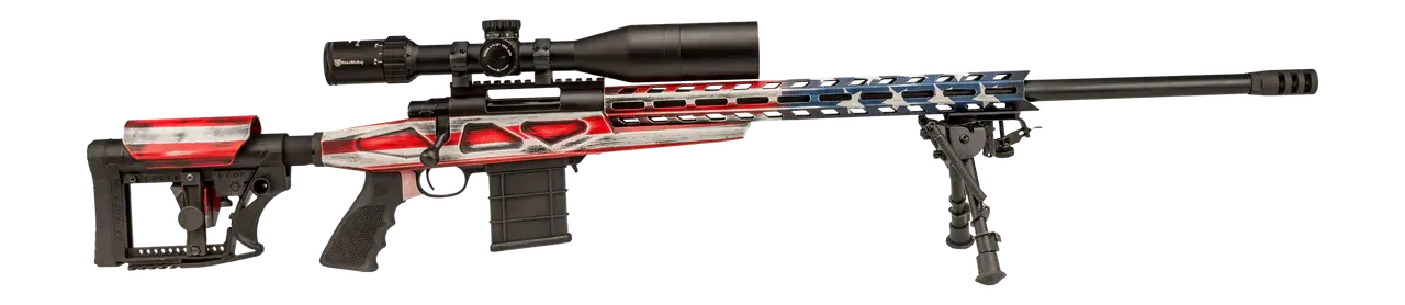 Howa HCRA25CRUSAMDT 1500 w/Optic 25 Creedmoor 10+1 24" Threaded Barrel, American Flag Cerakote Steel Drilled & Tapped Receiver, Buffalo River Bipod, Luth-AR MBA-4 Black Polymer Stock, MDT Grip, Nikko