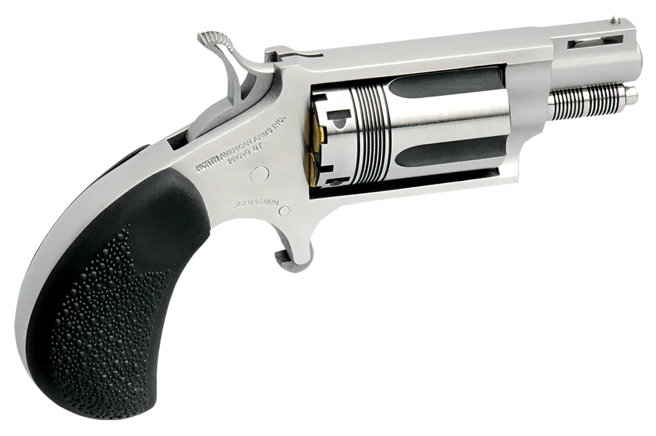 North American Arms 22MSTW Wasp Snub Nose 22 WMR 5 Shot 1.13" Stainless Steel Vent Rib Barrel, Stainless Steel Frame & Cylinder, Black Pebbled Rubber Grip, Exposed Hammer