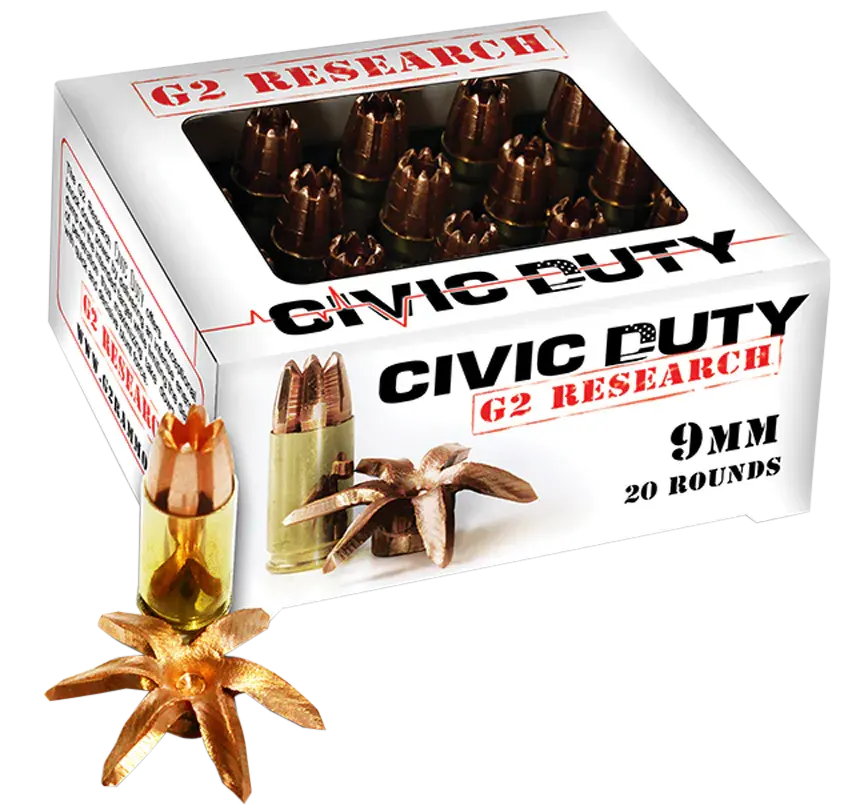 G2 Research G00602 Civic Duty 9mmLuger 96gr Copper Expansion Projectile 20 Per Box/25 Case
