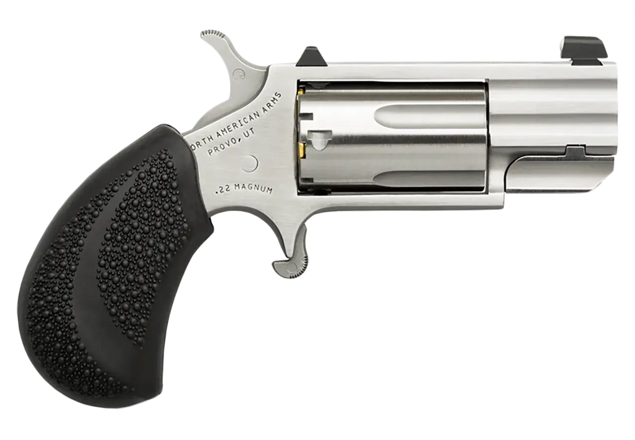 North American Arms PUGD Pug 22 WMR 5 Shot 1" Stainless Steel Barrel, Frame & Cylinder, Black Pebbled Rubber Grip, Exposed Hammer