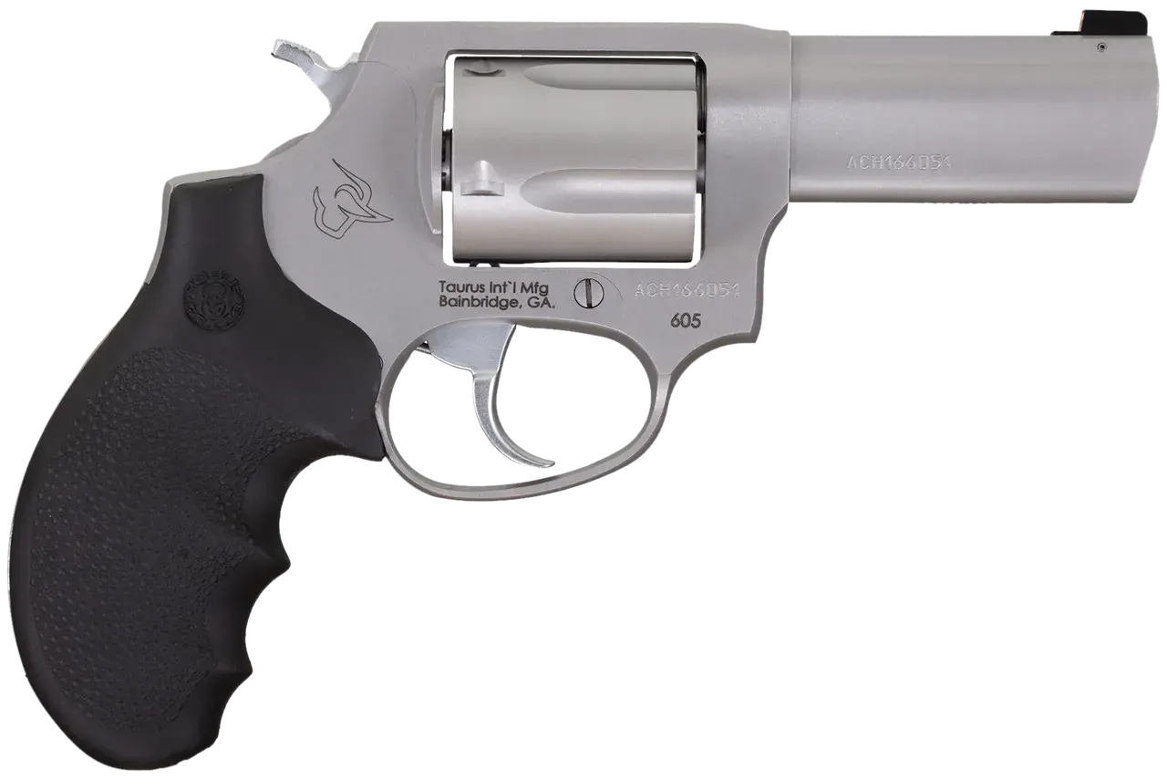 Taurus 2-60539NS 605 Defender Small 357 Mag/38 Special +P 5 Shot 3" Matte Stainless Steel Barrel, Cylinder & Frame, Hogue Finger Grooved Grip, Transfer Bar Safety, Exposed Hammer