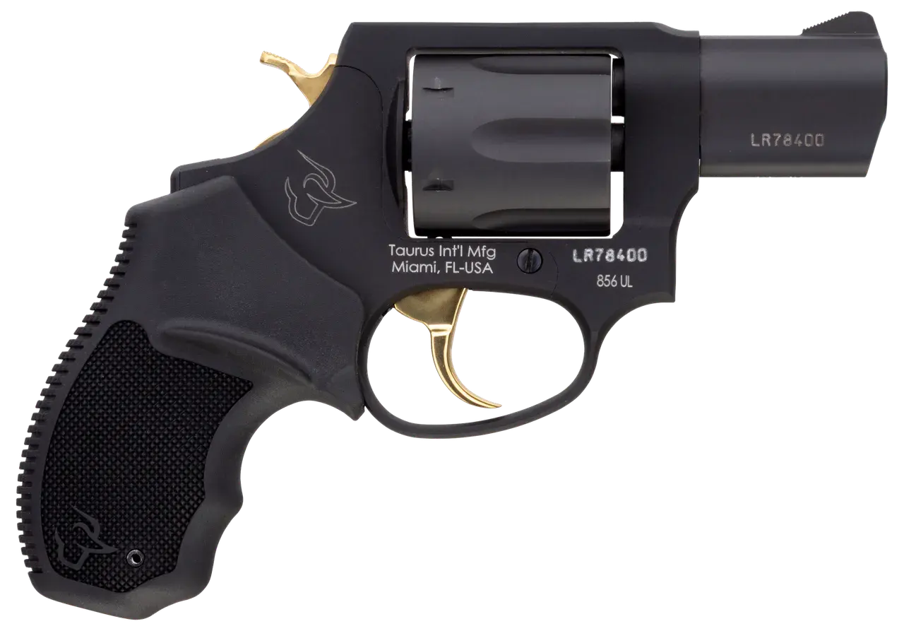 Taurus 2-856021ULGLD 856 Ultra-Lite 38 Special Caliber with 2" Barrel, 6rd Capacity Cylinder, Overall Matte Black Metal Finish, Gold Trigger/Hammer Frame & Finger Grooved Black Rubber Grip